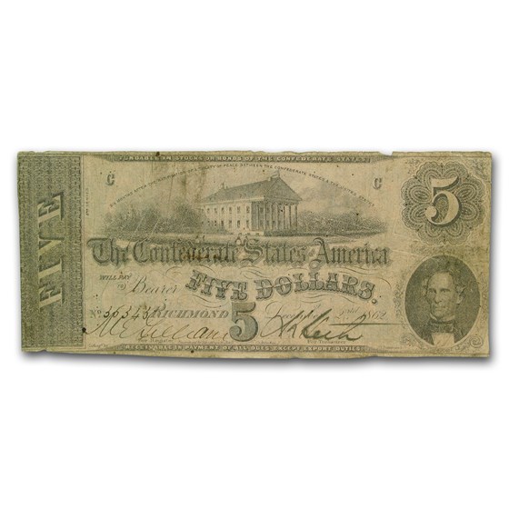 1862 $5.00 (T-53) Capitol @ Richmond, VA Fine (Canceled) 1862 $5.00 (T-53) Capitol @ Richmond, VA Fine (Canceled)