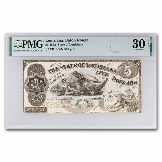 1862 $5 State of Louisiana Obsolete Baton Rouge - VF-30 EPQ PMG 1862 $5 State of Louisiana Obsolete Baton Rouge - VF-30 EPQ PMG