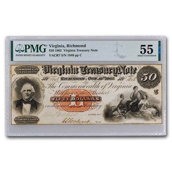 Buy 1862 50 Richmond Virginia Treasury Note AU55 PMG APMEX