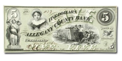1862 Allegany County Bank of Cumberland,MD $5.00 MD-155 CU 1862 Allegany County Bank of Cumberland,MD $5.00 MD-155 CU