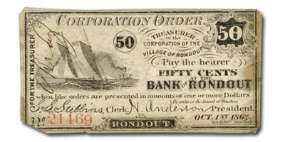 1862 Bank of Roundout, NY $.50 NY-2465 Fine Unlisted 1862 Bank of Roundout, NY $.50 NY-2465 Fine Unlisted