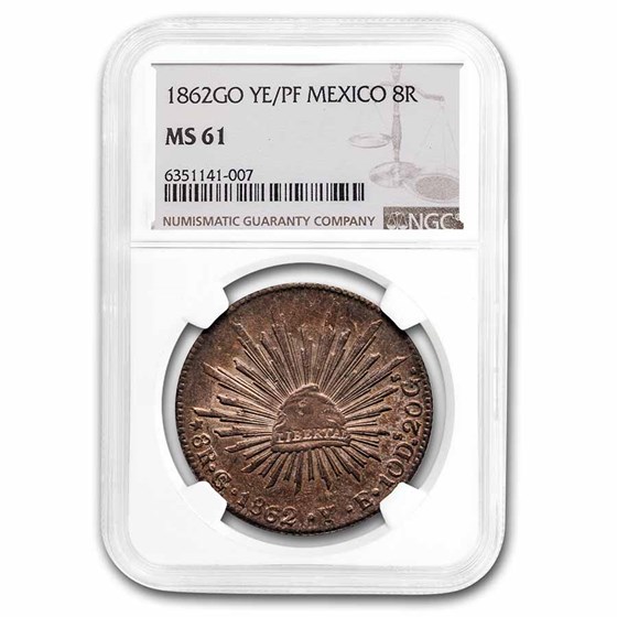 1862-Go YE/PF Mexico Silver 8 Reales MS-61 NGC