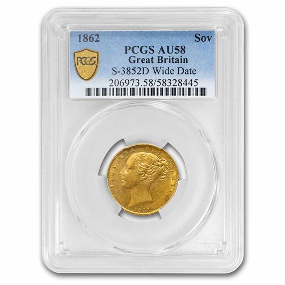 1862 Great Britain Gold Sovereign Victoria Shield AU-58 PCGS