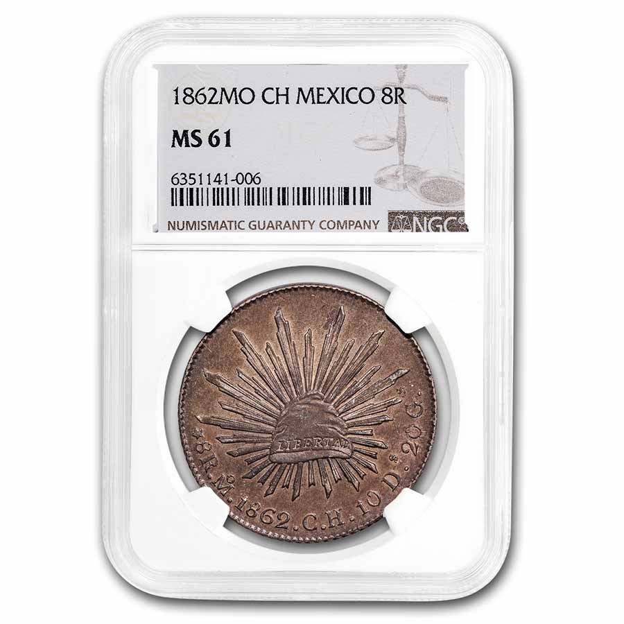1862-Mo CH Mexico Silver 8 Reales MS-61 NGC