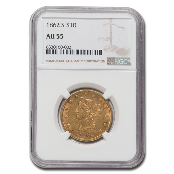 1862-S $10 Liberty Gold Eagle AU-55 NGC 1862-S $10 Liberty Gold Eagle AU-55 NGC