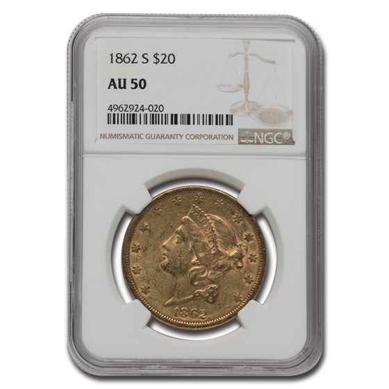 1862-S $20 Liberty Gold Double Eagle AU-50 NGC 1862-S $20 Liberty Gold Double Eagle AU-50 NGC