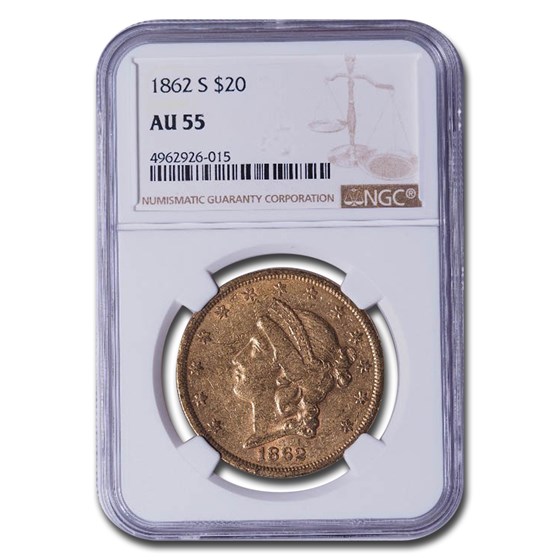 1862-S $20 Liberty Gold Double Eagle AU-55 NGC