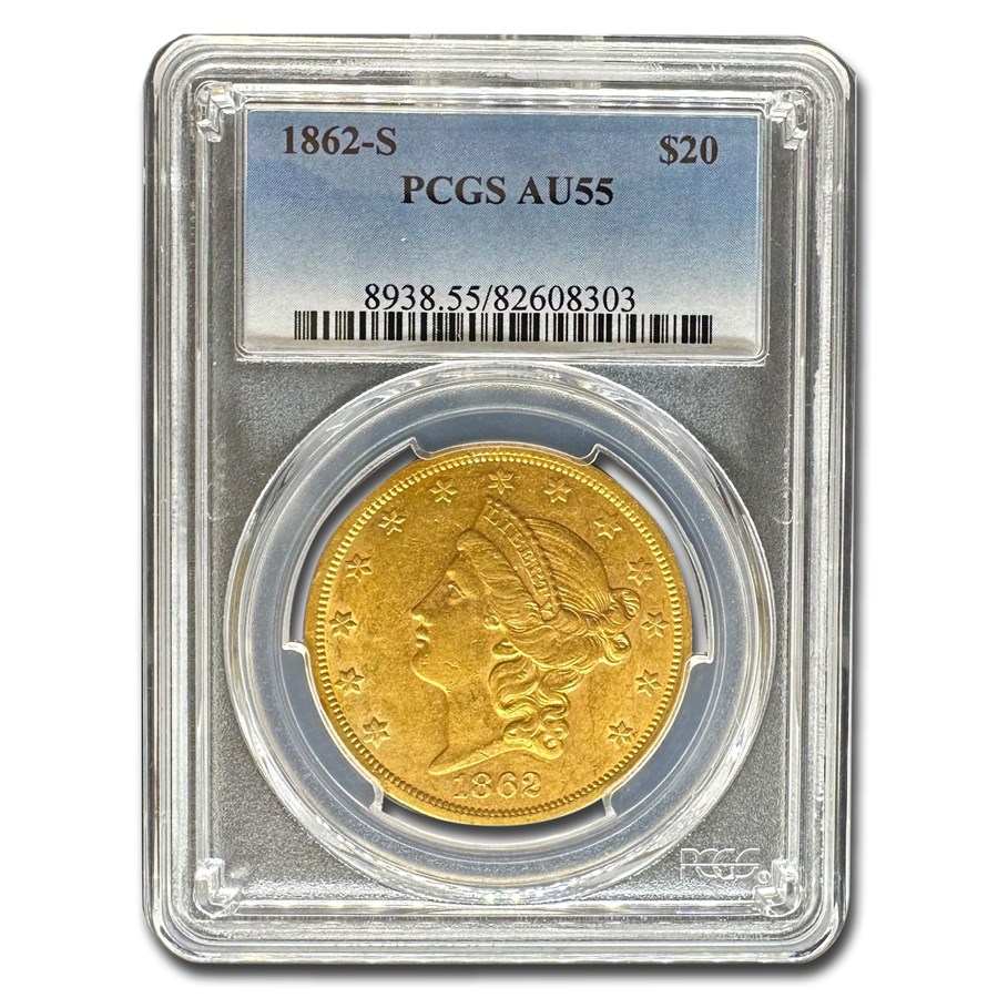 1862-S $20 Liberty Gold Double Eagle AU-55 PCGS