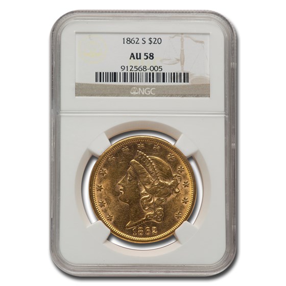 1862-S $20 Liberty Gold Double Eagle AU-58 NGC 1862-S $20 Liberty Gold Double Eagle AU-58 NGC