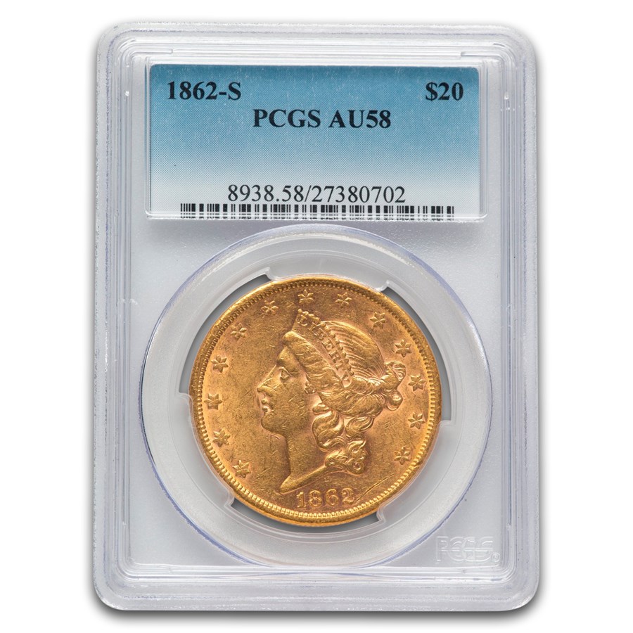 1862-S $20 Liberty Gold Double Eagle AU-58 PCGS