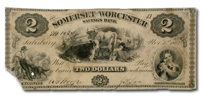 1862 Somerset & Worcester Svgs Bank of Salisbury, MD $2.00 Fine 1862 Somerset & Worcester Svgs Bank of Salisbury, MD $2.00 Fine