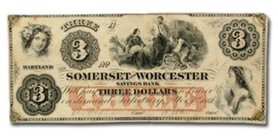 1862 Somerset & Worcester Svgs Bank of Salisbury, MD $3.00 VF 1862 Somerset & Worcester Svgs Bank of Salisbury, MD $3.00 VF