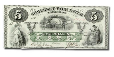 1862 Somerset & Worcester Svgs Bank of Salisbury, MD -$5.00 CU 1862 Somerset & Worcester Svgs Bank of Salisbury, MD -$5.00 CU