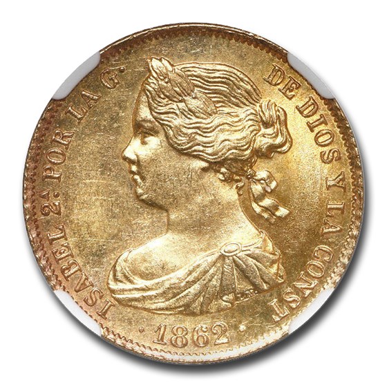 1862-* Spain Gold 100 Reales Isabel II MS-64 NGC