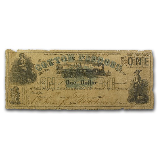 1862 State of Mississippi $1.00 Cotton Pledge VG 1862 State of Mississippi $1.00 Cotton Pledge VG