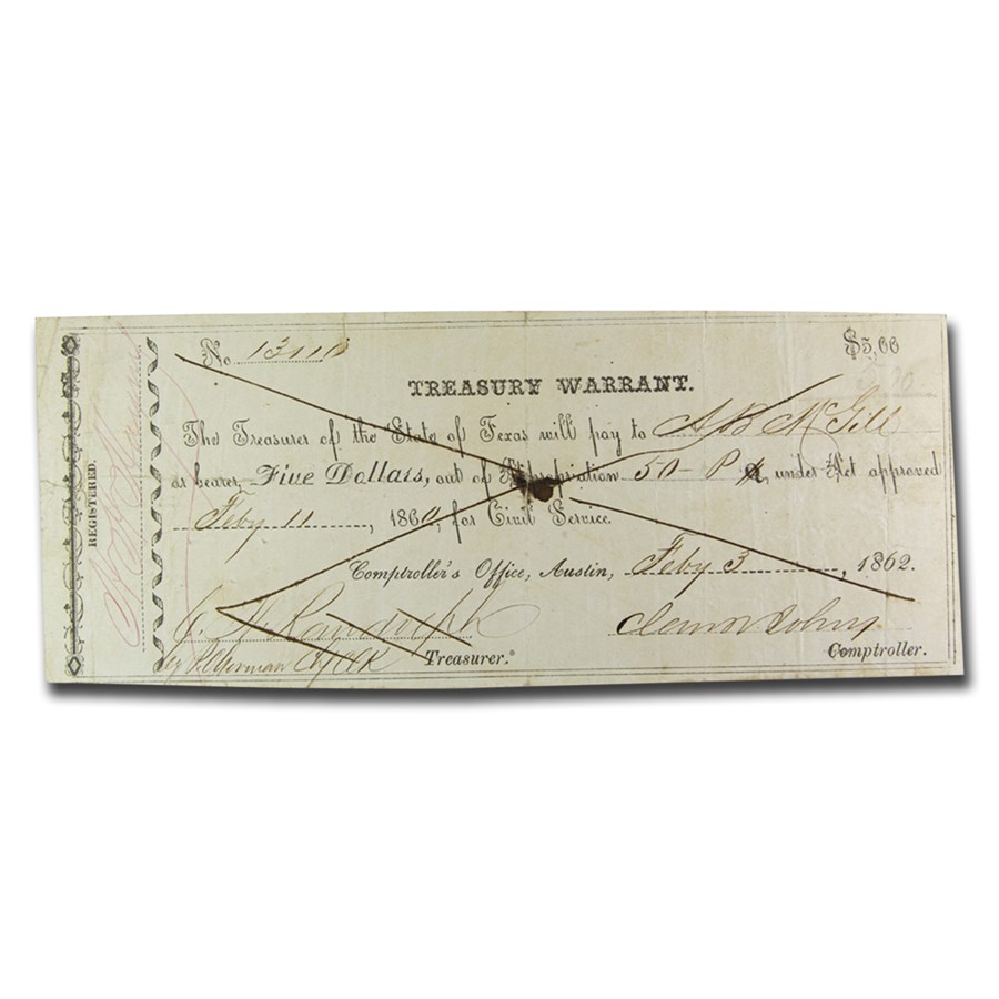 1862 State of Texas Treasury Warrant, $5.00 VF