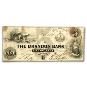 Buy 1862 The Brandon Bank, Brandon, VT $5.00 Note VT-30 VF | APMEX