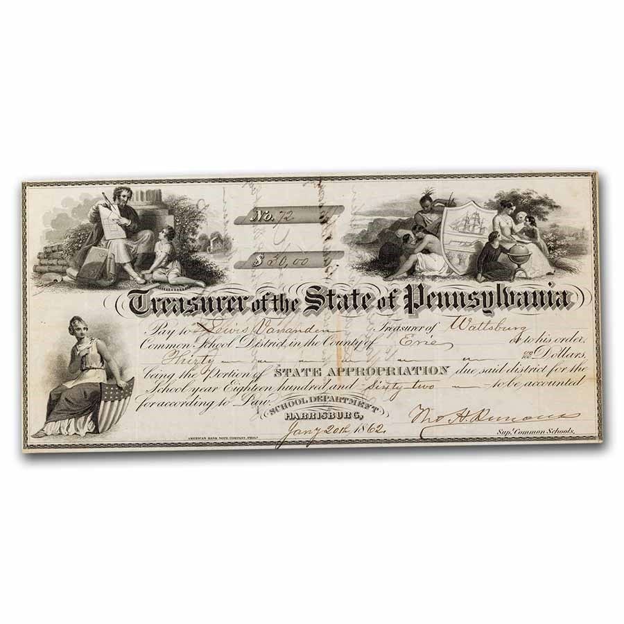 Buy 1862 Treasurer of State of Pennsylvania Draft 30 VF APMEX