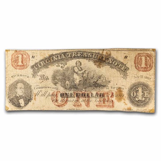 1862 Virginia Treasury Note $1.00 CR #-16 Fine 1862 Virginia Treasury Note $1.00 CR #-16 Fine
