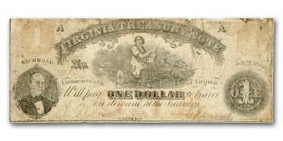 1862 Virginia Treasury Note $1.00 CR #-17 Good 1862 Virginia Treasury Note $1.00 CR #-17 Good