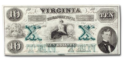 1862 Virginia Treasury Note $10.00 CR #-8 CU 1862 Virginia Treasury Note $10.00 CR #-8 CU