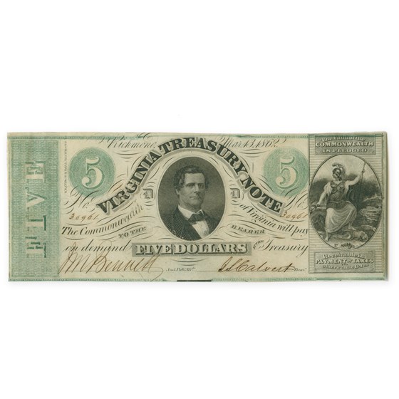 1862 Virginia Treasury Note $5.00 CR #-13 Ch AU 1862 Virginia Treasury Note $5.00 CR #-13 Ch AU