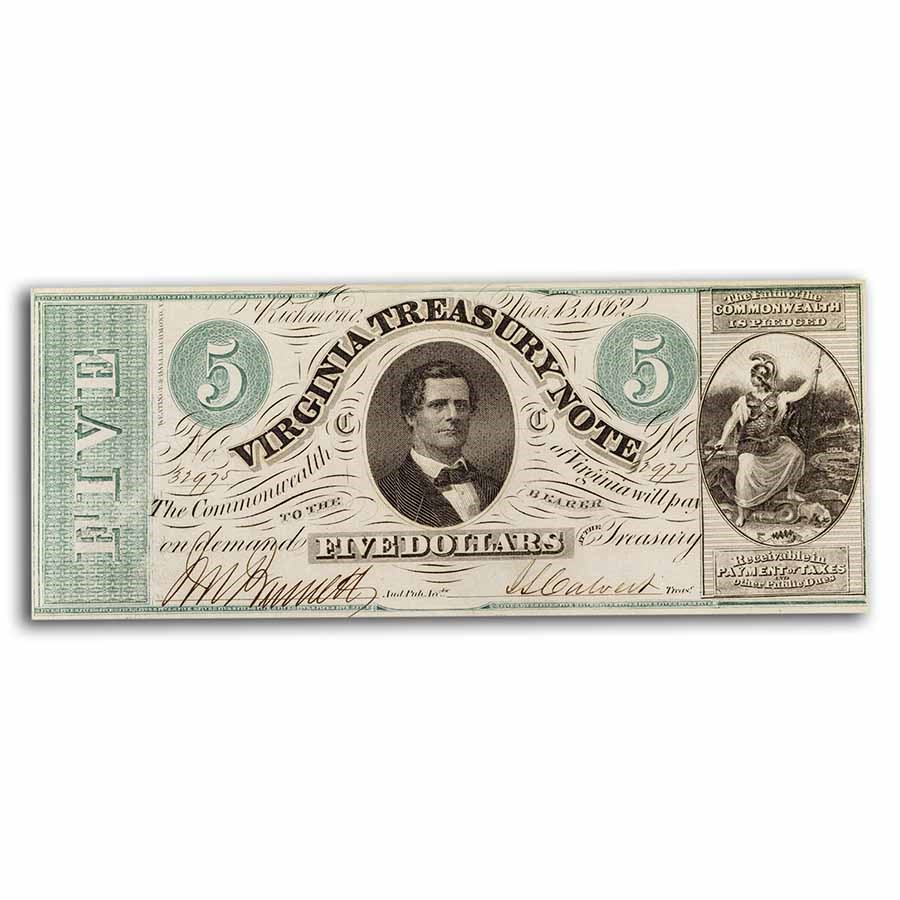 1862 Virginia Treasury Note $5.00 CR #13 CU