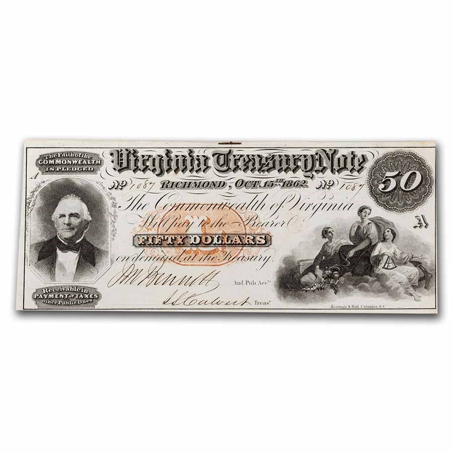 1862 Virginia Treasury Note $50.00 AU