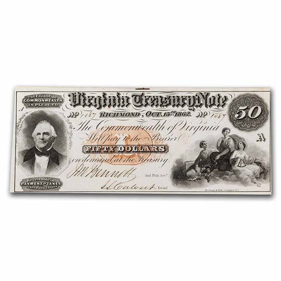 1862 Virginia Treasury Note $50.00 AU 1862 Virginia Treasury Note $50.00 AU