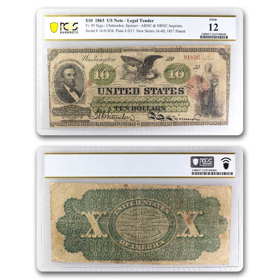 1863 $10 Legal Tender Abraham Lincoln Fine-12 PCGS (Fr#95)