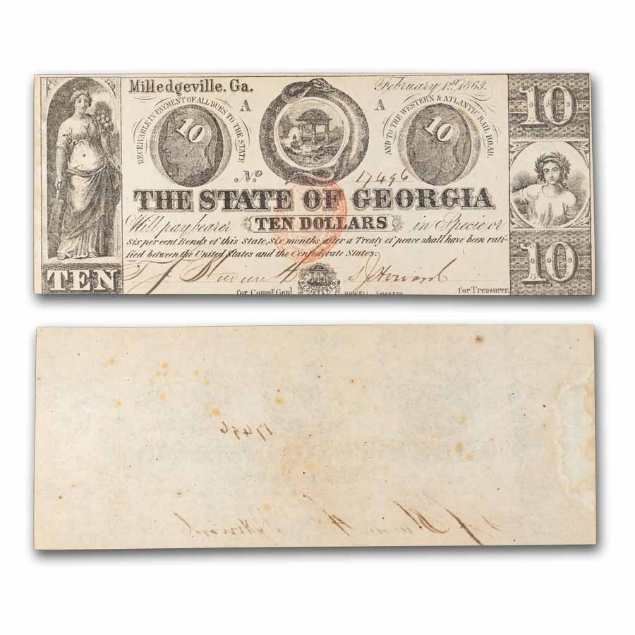 1863 $10 State of Georgia Milledgeville, Georgia CU