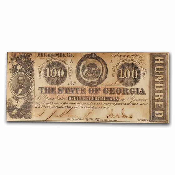 1863 $100 State of Georgia Milledgeville, Georgia AU