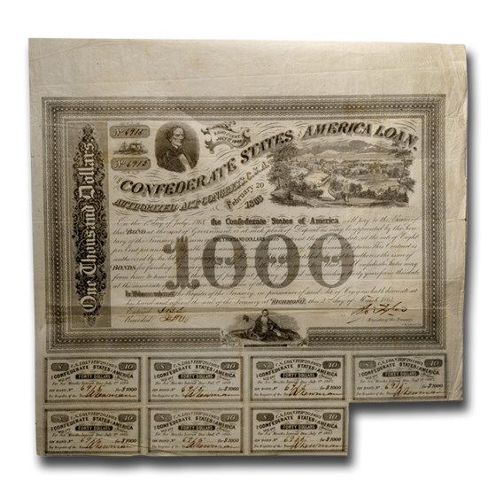 1863 $1000 CSA Bond 8%/5 yr Jefferson Davis Richmond (CR-125A) XF 1863 $1000 CSA Bond 8%/5 yr Jefferson Davis Richmond (CR-125A) XF