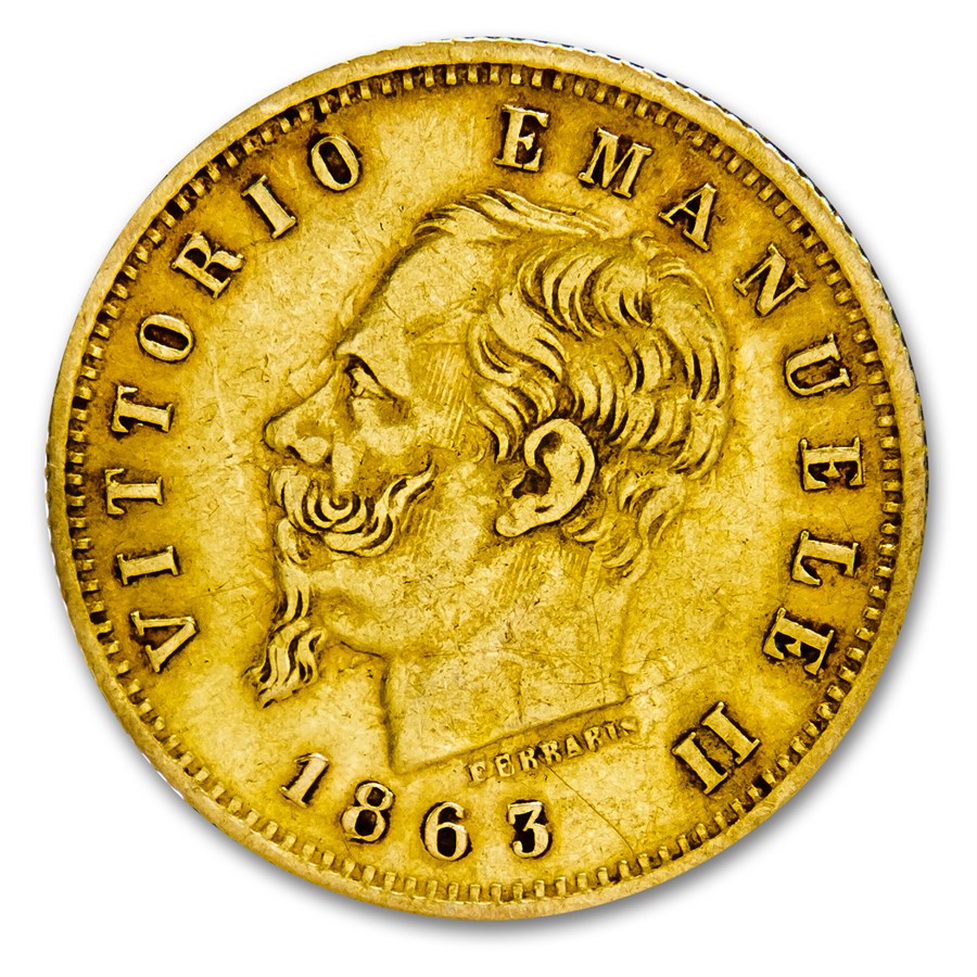 1863-1865 Italy Gold 5 Lire Vittorio Emanuele II Avg Circ