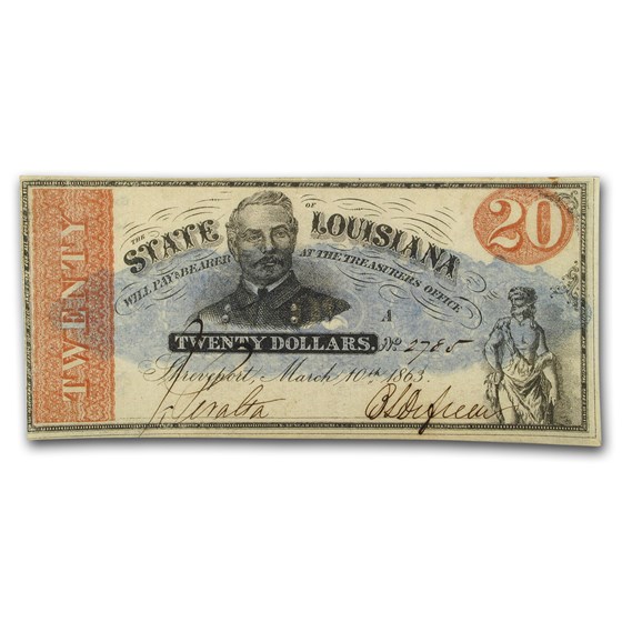 1863 $20.00 State of Louisiana @ Shreveport AU 1863 $20.00 State of Louisiana @ Shreveport AU