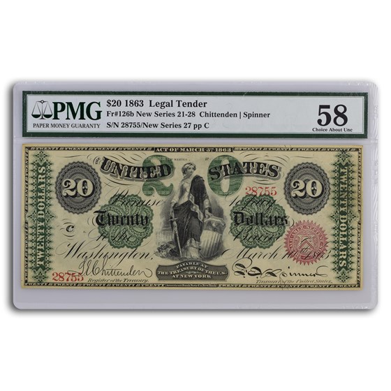 1863 $20 Legal Tender AU-58 PMG (Fr#126b) 1863 $20 Legal Tender AU-58 PMG (Fr#126b)