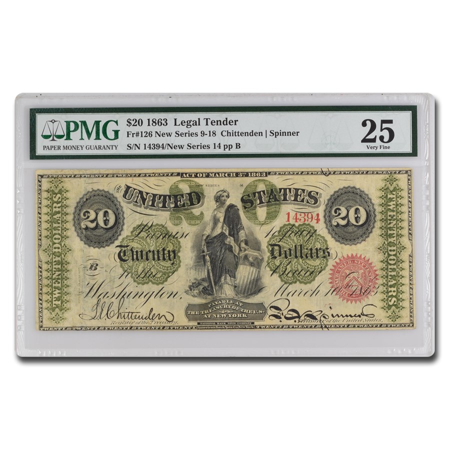 1863 $20 Legal Tender VF-25 PMG (Fr#126)