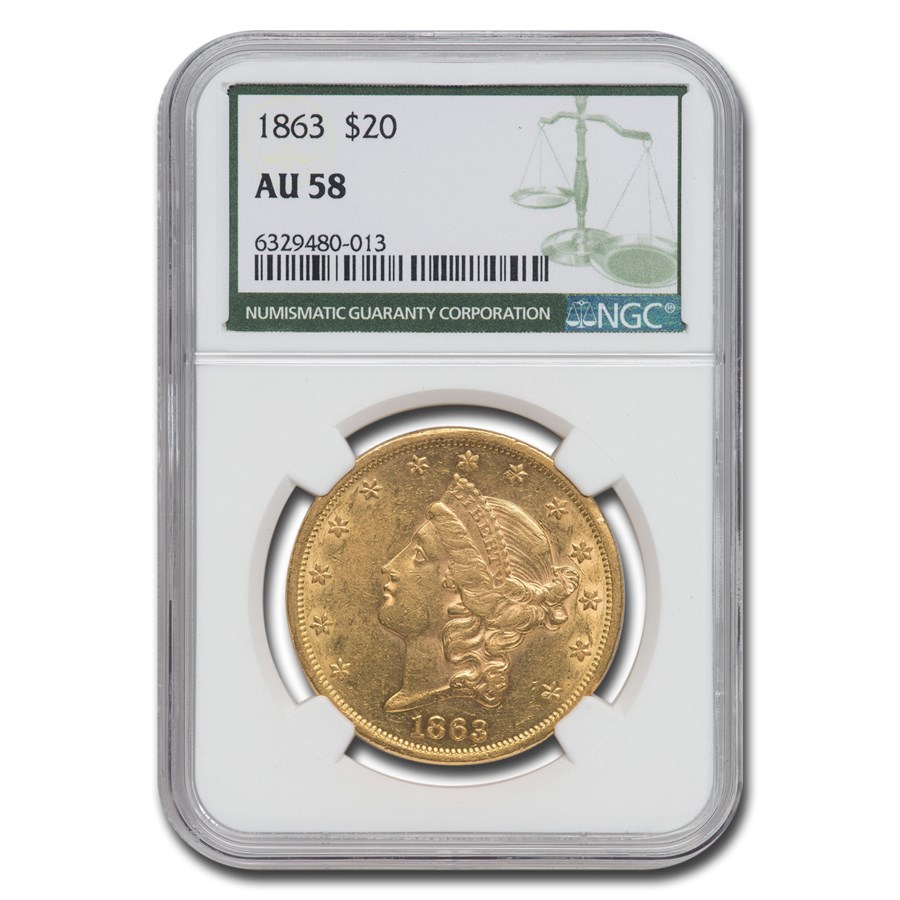 1863 $20 Liberty Gold Double Eagle AU-58 NGC (Green Label)