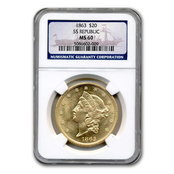 1863 $20 Liberty Gold Double Eagle MS-60 NGC 1863 $20 Liberty Gold Double Eagle MS-60 NGC