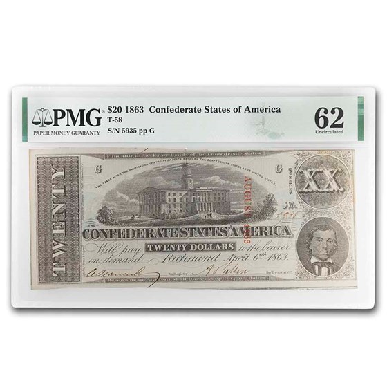 1863 $20 (T-58) Capitol @ Nashville, TN CU-62 PMG Cancelled, Dtls 1863 $20 (T-58) Capitol @ Nashville, TN CU-62 PMG Cancelled, Dtls