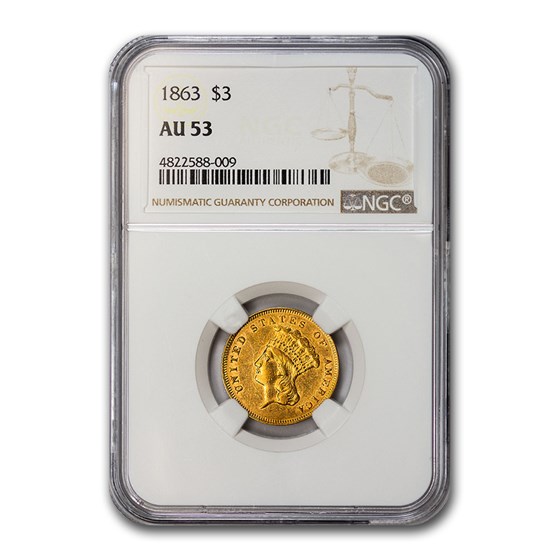 1863 $3 Gold Princess AU-53 NGC 1863 $3 Gold Princess AU-53 NGC