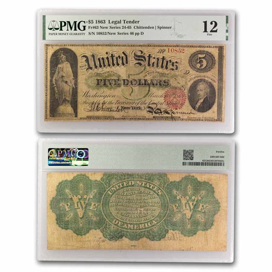 1863 $5.00 Legal Tender Alexander Hamilton VF-12 PMG (Fr#63) 1863 $5.00 Legal Tender Alexander Hamilton VF-12 PMG (Fr#63)