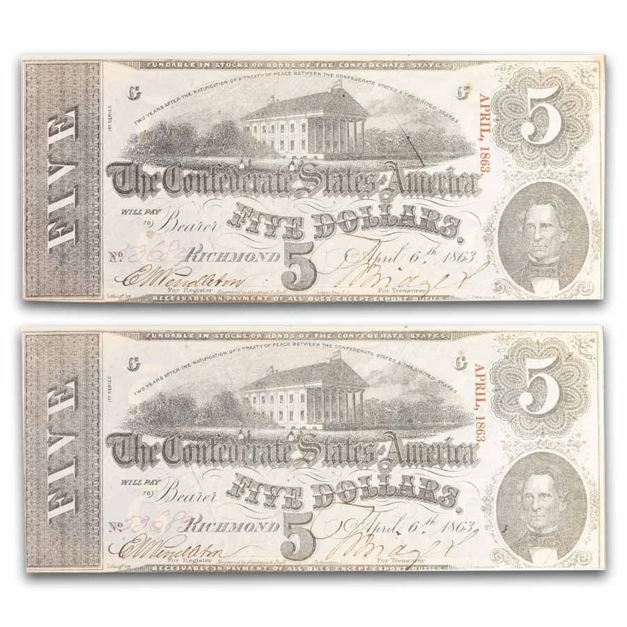 1863 $5.00 (T-60) Capitol @ Richmond, VA AU (Cancelled) 2 Cons.