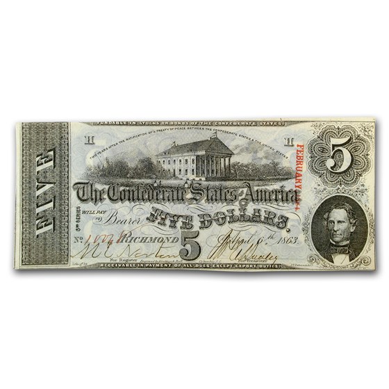 1863 $5.00 (T-60) Capitol @ Richmond, VA AU 1863 $5.00 (T-60) Capitol @ Richmond, VA AU