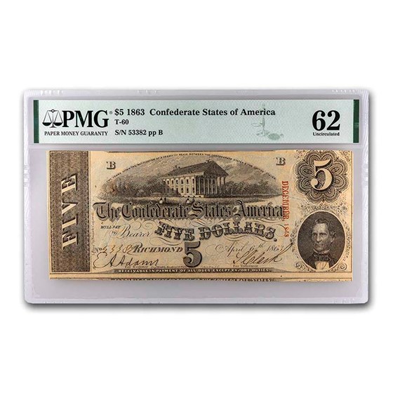 1863 $5.00 (T-60) Capitol @ Richmond, VA CU-62 PMG (Cancelled) 1863 $5.00 (T-60) Capitol @ Richmond, VA CU-62 PMG (Cancelled)