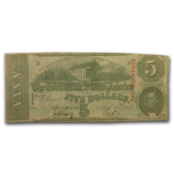 1863 $5.00 (T-60) State Capitol @ Richmond, VA VF 1863 $5.00 (T-60) State Capitol @ Richmond, VA VF