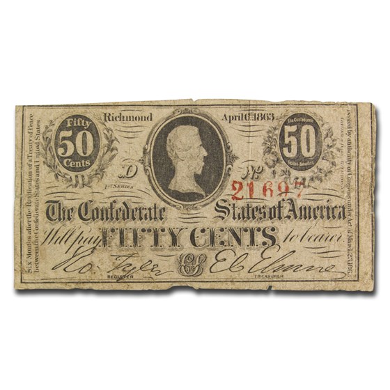 1863 50 Cents (T-63) Jefferson Davis Fine 1863 50 Cents (T-63) Jefferson Davis Fine