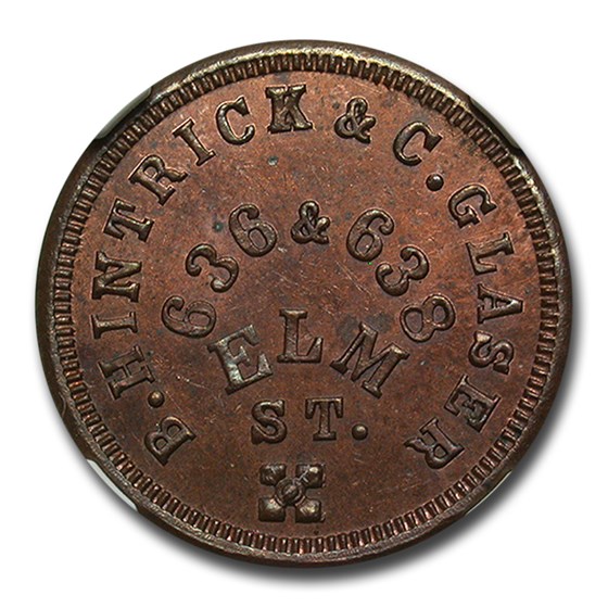 1863 B. Hintrick & C. Glaser Civil War Token MS-64 NGC (RB F-165) 1863 B. Hintrick & C. Glaser Civil War Token MS-64 NGC (RB F-165)