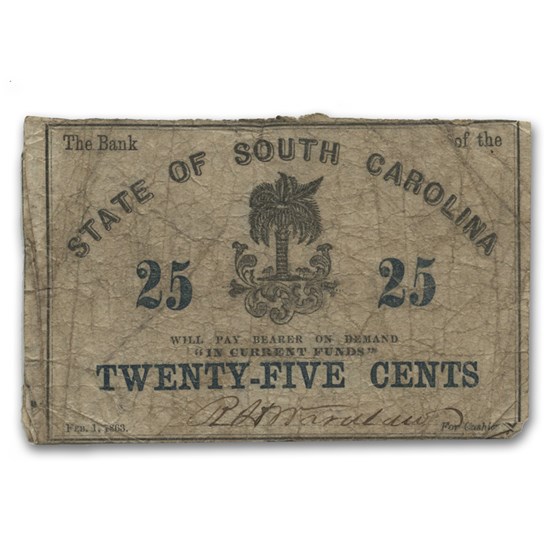 1863 Bank of the State of South Carolina 25 Cents SC-45 Fine 1863 Bank of the State of South Carolina 25 Cents SC-45 Fine