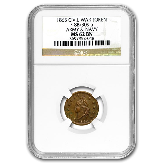 1863 Civil War Token F-8B/309 a ARMY & NAVY MS-62 NGC (BN) 1863 Civil War Token F-8B/309 a ARMY & NAVY MS-62 NGC (BN)